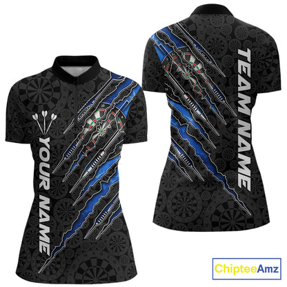 Custom Thunder Lightning Blue Women's Quarter-Zip Darts Shirt, Personalized Athletic Tournament Jersey, Electric Storm League Apparel, Performance Uniform, Speed, Determination & Championship Spirit