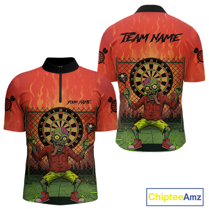 Custom Green & Orange Funny Zombie Dartboard Dart Men Quarter-Zip Jerseys Funny Dart Shirts NYN1742