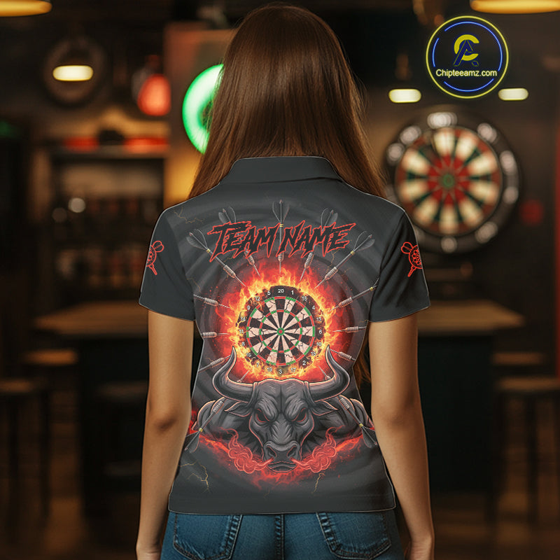 Funny Bull Red Flames Dartboard Dart Arrow Custom Women Polo Darts Shirt Dart Gifts NYN2016