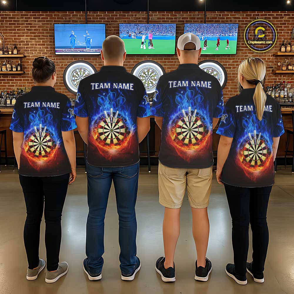 Red And Blue Flames Skull Dartboard Custom Men Darts Quarter-Zip League Shirts Skull Dart Jerseys NYN2250