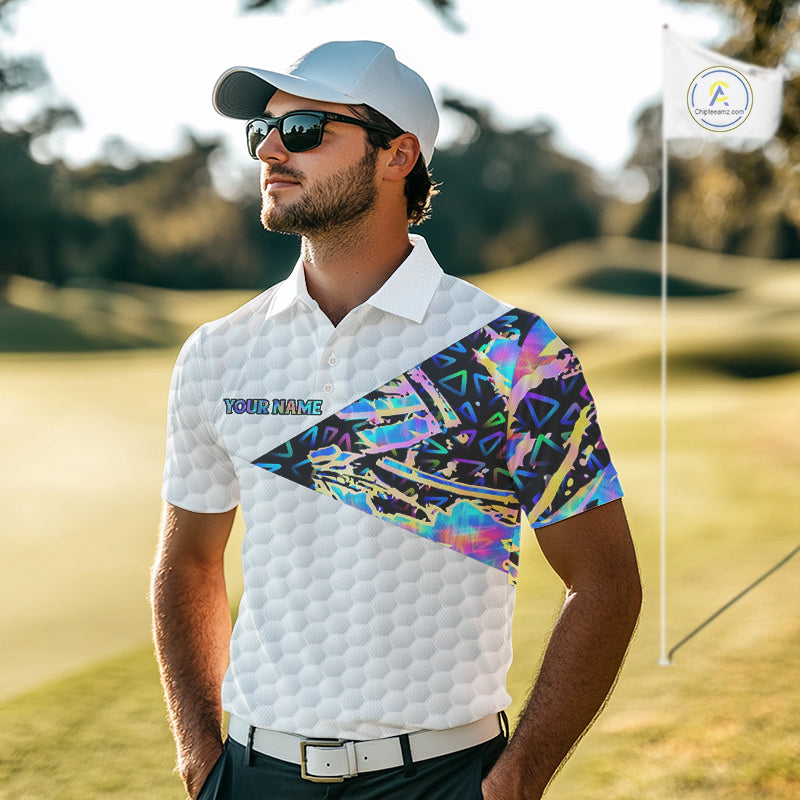Personalized Mens Golf Polo Shirt Custom Name Holographic And White Golf Ball Golf Attire NYN2912
