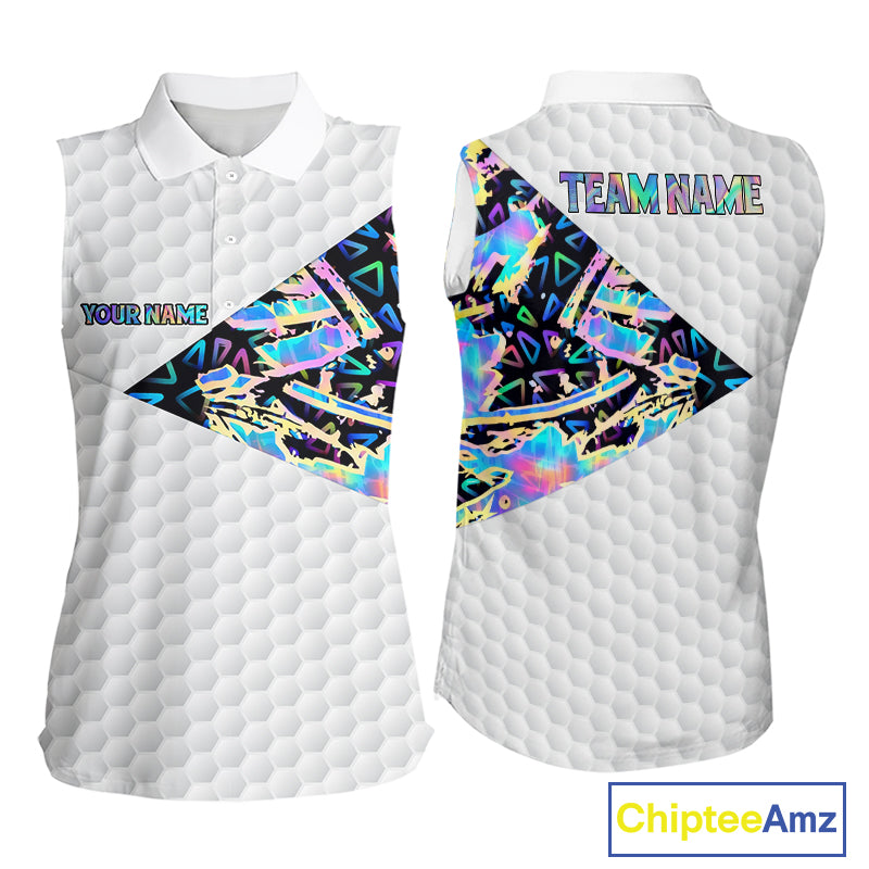 Personalized Womens Sleeveless Golf Polo Shirt Custom Name Holographic And White Golf Ball Golf Attire NYN2912