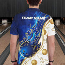 Load image into Gallery viewer, Custom Gold And Blue Flames Bowling Team Jerseys, Bowling League Polo &amp; 1/4-Zip Shirt For Men NYN2917