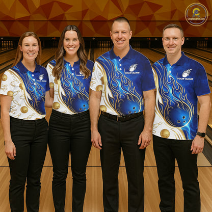 Custom Gold And Blue Flames Bowling Team Jerseys, Bowling League Polo & 1/4-Zip Shirt For Women NYN2917