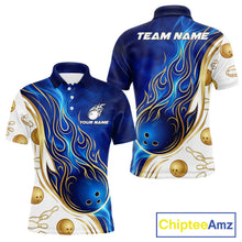 Load image into Gallery viewer, Custom Gold And Blue Flames Bowling Team Jerseys, Bowling League Polo &amp; 1/4-Zip Shirt For Men NYN2917