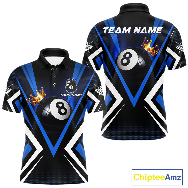 Crown 8 ball black and blue billiard polo shirt for men custom pool apparel
