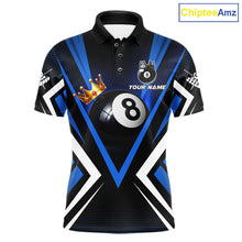 Load image into Gallery viewer, Crown 8 ball black and blue billiard polo shirt for men custom pool apparel