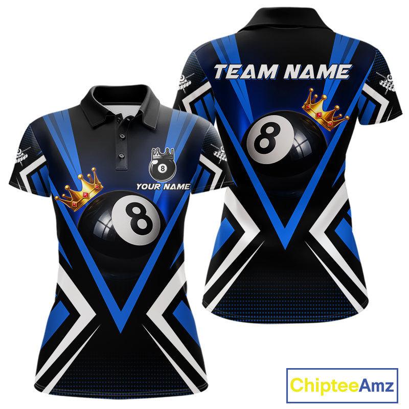 Crown 8 ball black and blue billiard polo shirt for women custom pool apparel