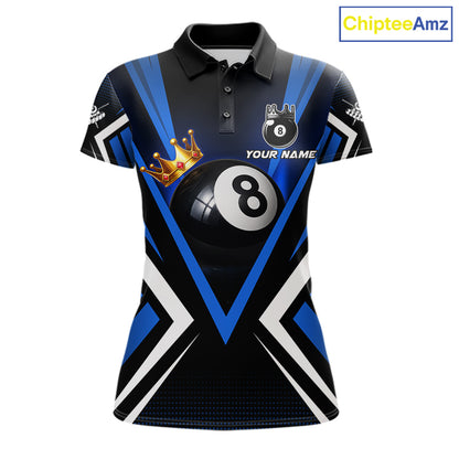 Crown 8 ball black and blue billiard polo shirt for women custom pool apparel