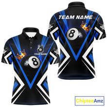 Load image into Gallery viewer, Crown 8 ball black and blue billiard polo shirt for men custom pool apparel