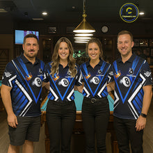 Load image into Gallery viewer, Personalized Crown 8 Ball Pool Black And Blue Polo Shirts For Men, Custom Billiard Team Apparel NYN3292