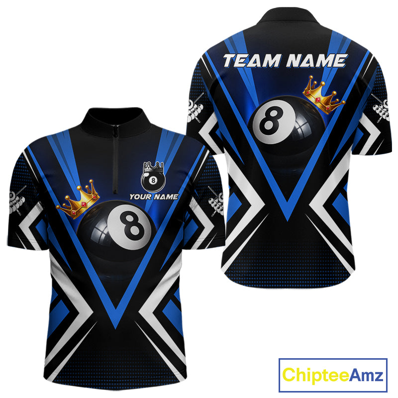 Crown 8 ball black and blue billiard 1/4-zip shirt for men custom pool apparel