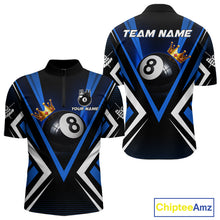 Load image into Gallery viewer, Crown 8 ball black and blue billiard 1/4-zip shirt for men custom pool apparel