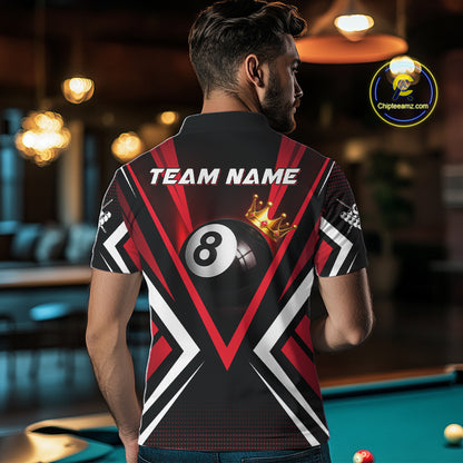 Personalized Crown 8 Ball Pool Black And Red Polo Shirts For Men, Custom Billiard Team Apparel NYN3293