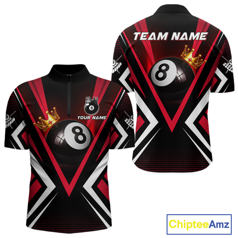 Crown 8 ball black and red men billiard 1/4-zip shirt custom team design