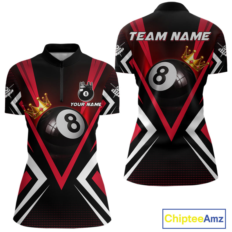Crown 8 ball black and red women billiard 1/4-zip shirt custom team design