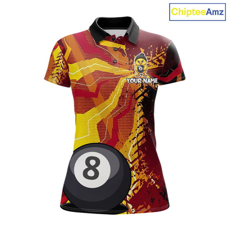 Yellow red splatter duck 8 ball billiard polo shirt for women funny design