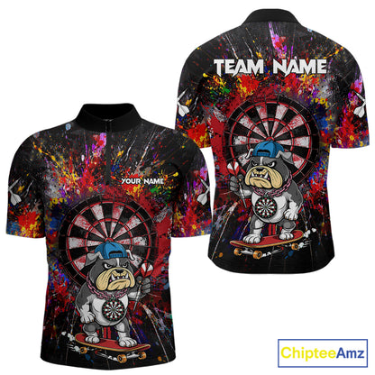 Multi-Color Splatter Funny Bulldog Custom Men Darts Quarter-Zip League Shirts Dart Team Jerseys NYN2255