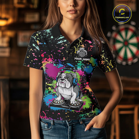 Multi-Color Splatter Funny Bulldog Custom Women Darts Polo League Shirts Dart Team Jerseys NYN2255