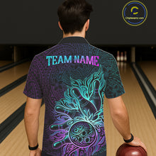 Load image into Gallery viewer, Male and female models wearing Blue and Purple Tribal Pattern bowling Hawaiian shirts, stylish tribal bowling apparel, tropical resort button-up shirts, custom league uniforms inspired by culture, unity, confidence and adventure