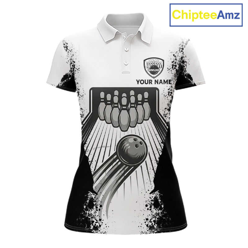 White And Grunge Black Bowling Jerseys For Women Custom Bowling Polo 1/4-Zip Shirt, Gift For Bowlers NYN3127