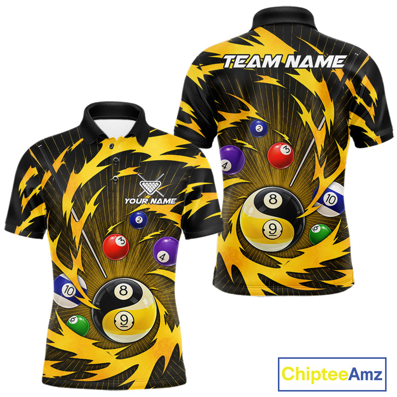 Yellow tornado yin yang billiard polo shirt for men with custom 8 ball and 9 ball graphics