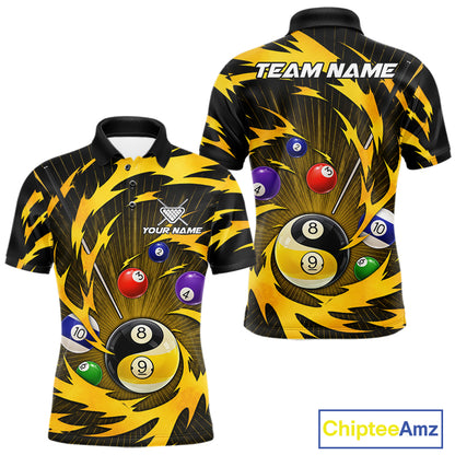 Yellow tornado yin yang billiard polo shirt for men with custom 8 ball and 9 ball graphics