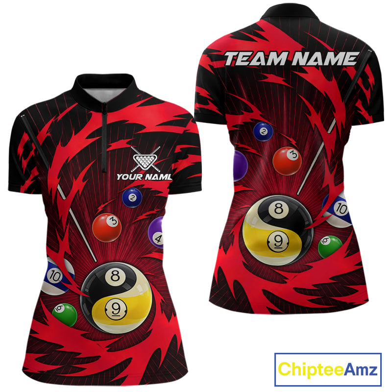 Red tornado yin yang pool shirt for women custom 1/4-zip billiard team jersey