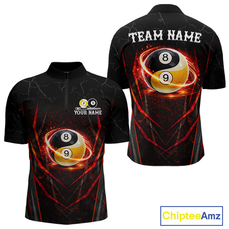 Black and red lightning yin yang billiard 1/4-zip shirt for men custom pool jersey