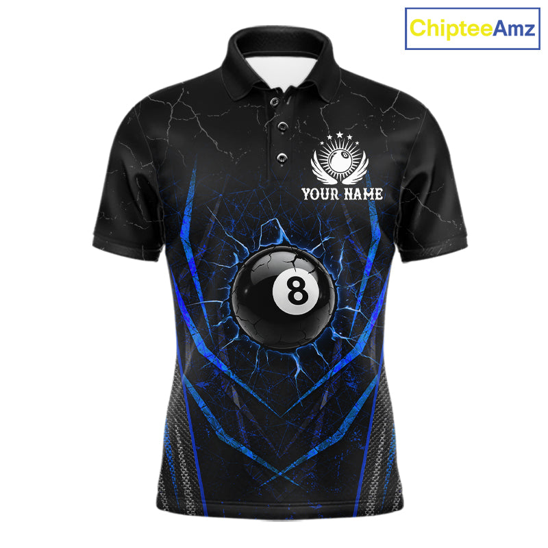 Black and blue broken glass 8 ball billiard polo shirt for men custom team jersey