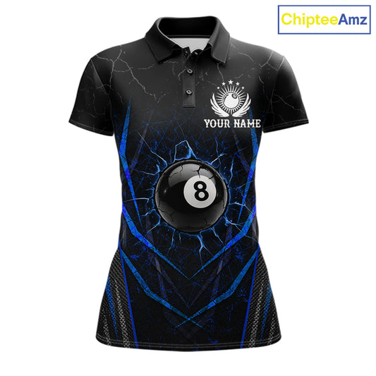 Black and blue broken glass 8 ball billiard polo shirt for women custom team jersey