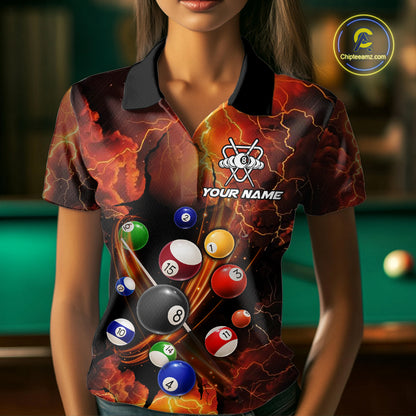 Cobra 8 Ball Cracked Thunder Lightning Billiard Shirts For Women Custom Billiard Team Jersey | Orange NYN3311
