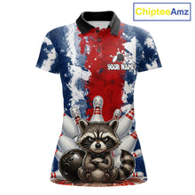 Load image into Gallery viewer, Funny raccoon bowling ball and pins women's bowling polo shirt, red and blue bowling jersey, custom bowling team shirt, personalized bowling apparel, bowling league uniform