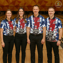 Load image into Gallery viewer, Men women bowling team wearing matching raccoon bowling jerseys, custom bowling uniforms, bowling league team shirts, tournament apparel