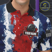 Load image into Gallery viewer, Male bowler wearing American flag bowling jersey, patriotic bowling apparel, custom bowling team shirt, bowling tournament outfit