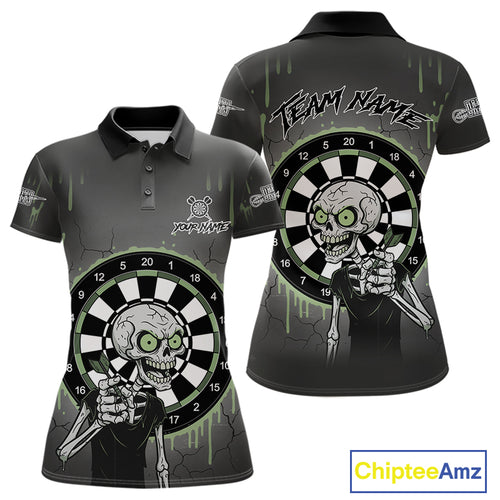 Custom Grey & Green Dartboard Funny Skeleton Dart Women Polo Jerseys Dart Team Shirts NYN1752