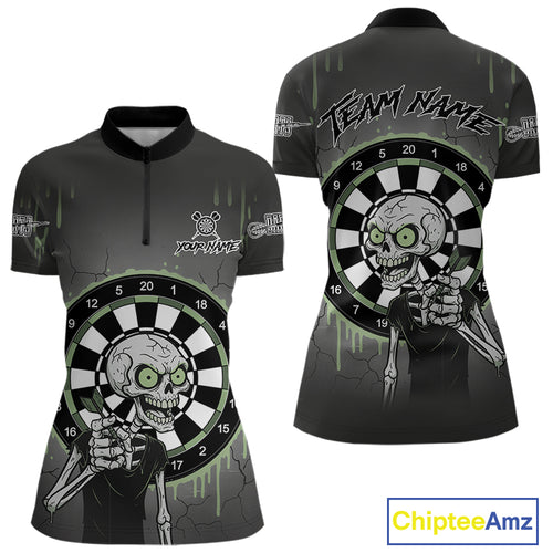 Custom Grey & Green Dartboard Funny Skeleton Dart Women Quarter-Zip Jerseys Dart Team Shirts NYN1752
