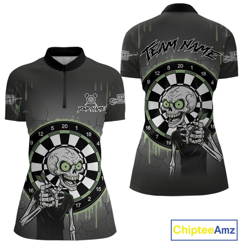 Custom Grey & Green Dartboard Funny Skeleton Dart Women Quarter-Zip Jerseys Dart Team Shirts NYN1752