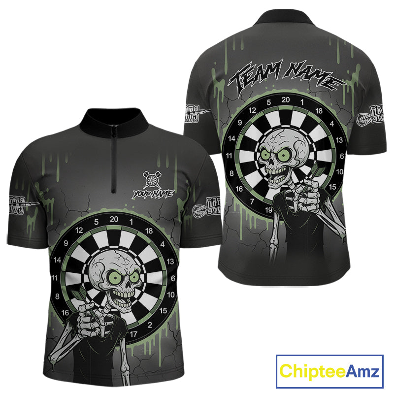 Custom Grey & Green Dartboard Funny Skeleton Dart Men Quarter-Zip Jerseys Dart Team Shirts NYN1752