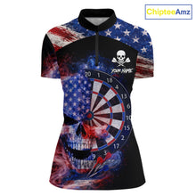 Load image into Gallery viewer, Smoke US Flag Skull Dartboard Women Darts Quarter-Zip Shirt Custom Retro Patriotic Darts Jerseys NYN2550