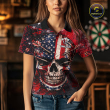 Load image into Gallery viewer, Red Grunge US Flag Skull Dart Arrow Women Darts Polo Shirt Custom Retro Darts Team Jerseys NYN2552
