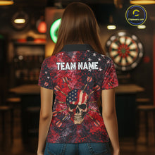 Load image into Gallery viewer, Red Grunge US Flag Skull Dart Arrow Women Darts Polo Shirt Custom Retro Darts Team Jerseys NYN2552