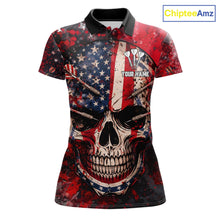 Load image into Gallery viewer, Red Grunge US Flag Skull Dart Arrow Women Darts Polo Shirt Custom Retro Darts Team Jerseys NYN2552