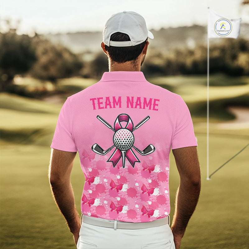 Pink Splatter Golf Shirts For Men Breast Cancer Awareness Golf Jerseys Short Sleeve Golf Tops NYN3315