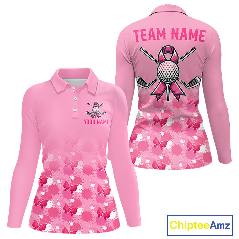 Pink golf polo shirt with Breast Cancer Awarenes design and customizable text on a white background