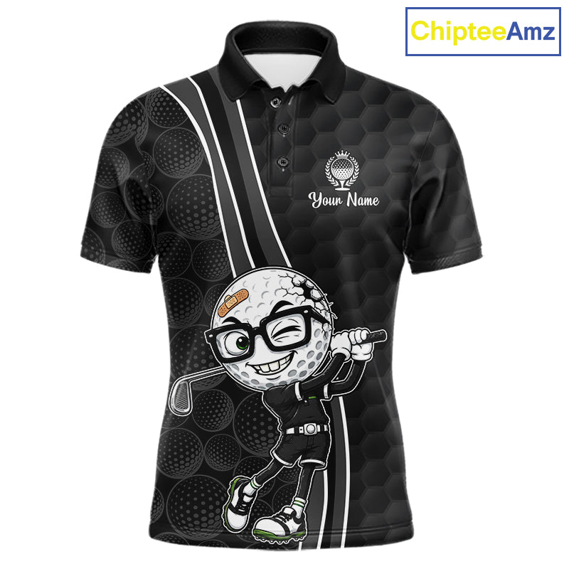 Black polo shirt with cartoon golf ball design
