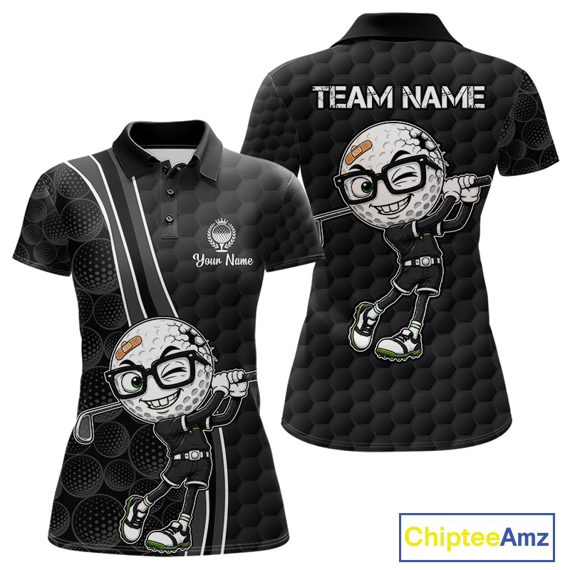 Black polo shirt with cartoon golf ball character and customizable text on a white background