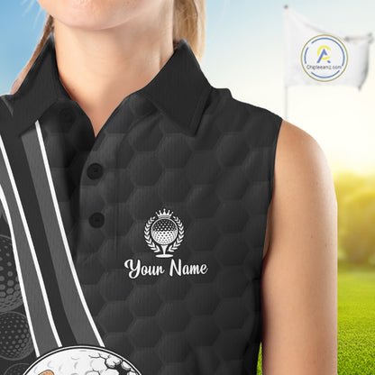 Black sleeveless golf shirt with a logo and text on a blurred golf course background