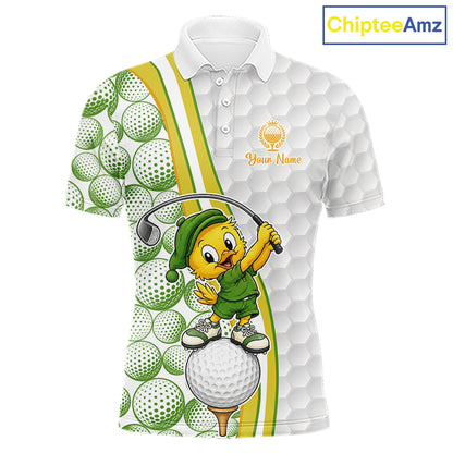 Golf-themed polo shirt with cartoon character and golf ball pattern