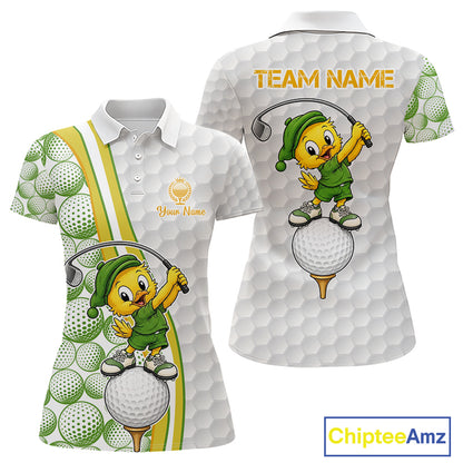 Golf-themed polo shirt with funny duck character and customizable text on a white background